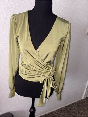 Windsor Olive Wrap Tie-Waist Long Sleeve Blouse